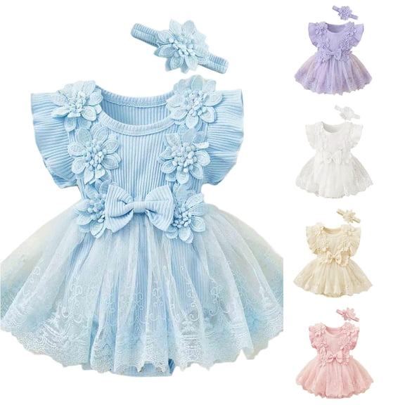 RMGVDSD Baby Girl Romper Dress Short Sleeve Mesh Tutu Dress Baby Girls Floral Lace Tulle Dresses with Headband Cute Clothes 3-6 Months