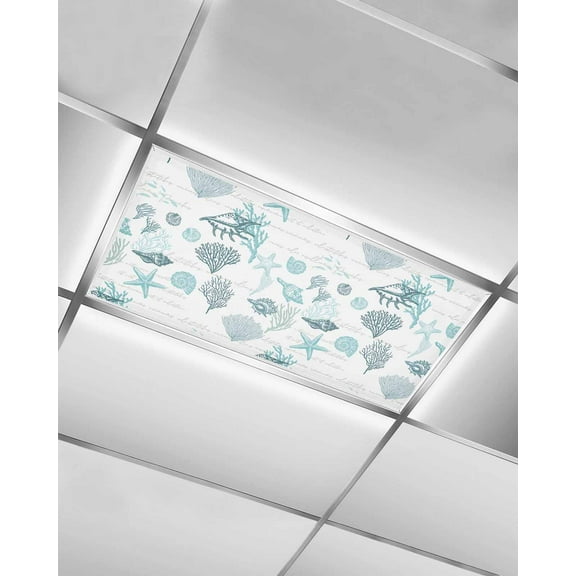 Fluorescent Light Covers for Ceiling Lights 1 Pack, Teal Coastal Magnetic Ceiling Light Covers 2x4ft for Classroom Office, Summer Beach Starfish Ocean Nautical Coral Shell Drop Ceiling Light Shade