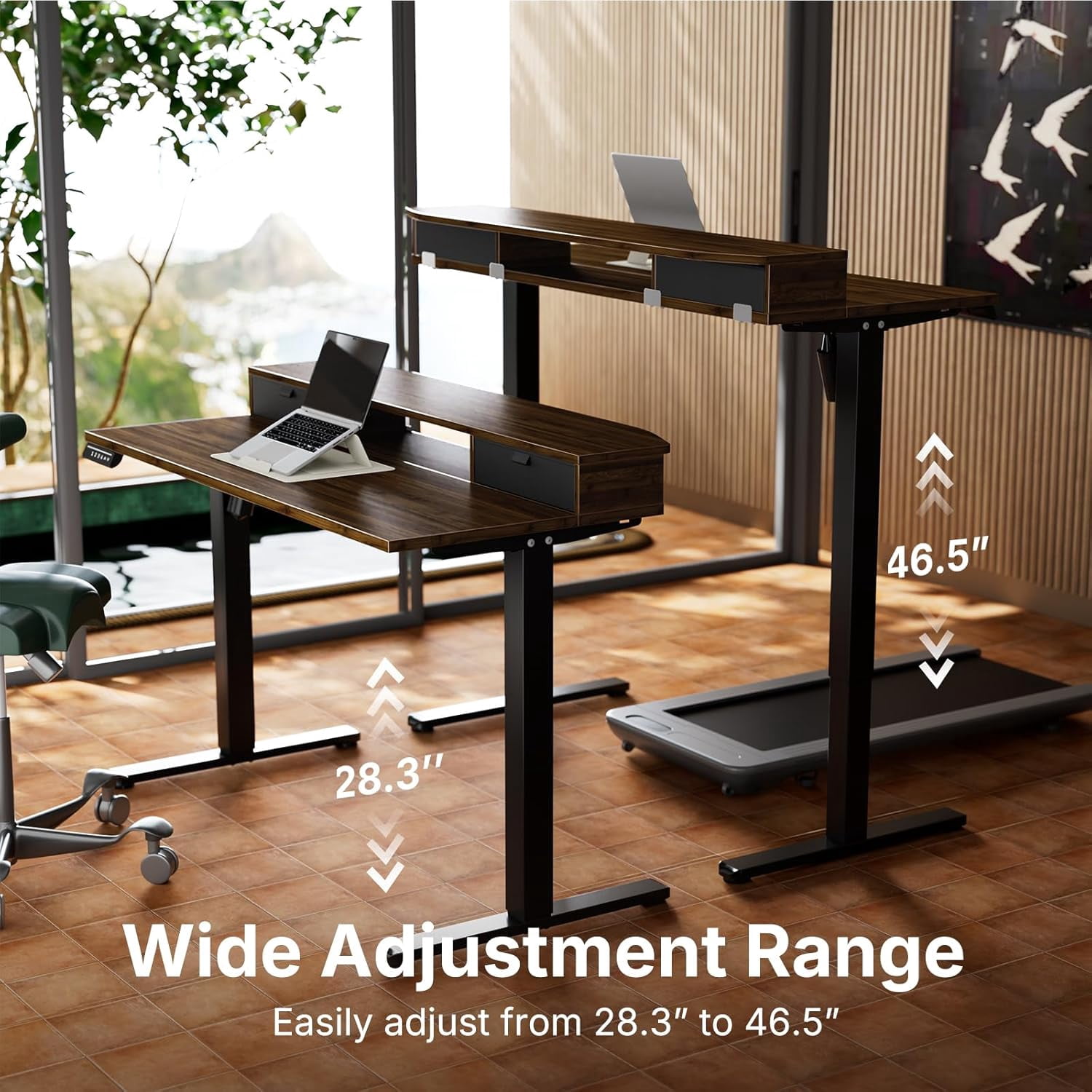 40 x 24 Inch Small Electric Standing Desk with 2 Drawers, Height Adjustable Sit Stand Desk with 4 Memory Settings, Walnut