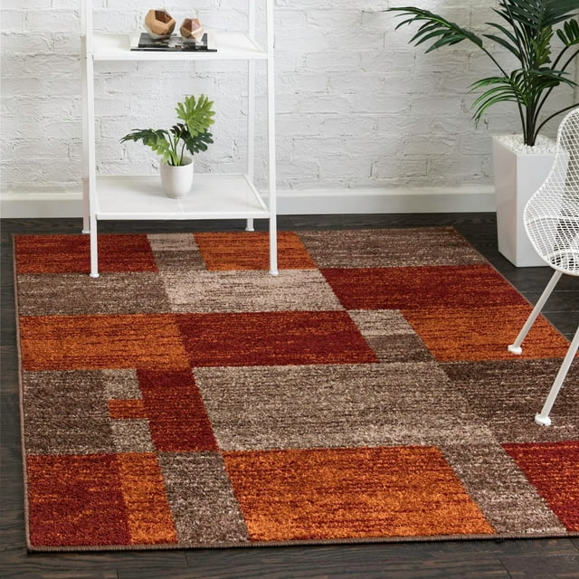 Unique Loom Autumn Collection Modern Contemporary Casual Abstract Area Rug (Multi/ Dark Brown Checkered, 4 ft 0 x 4 ft 0 Square)