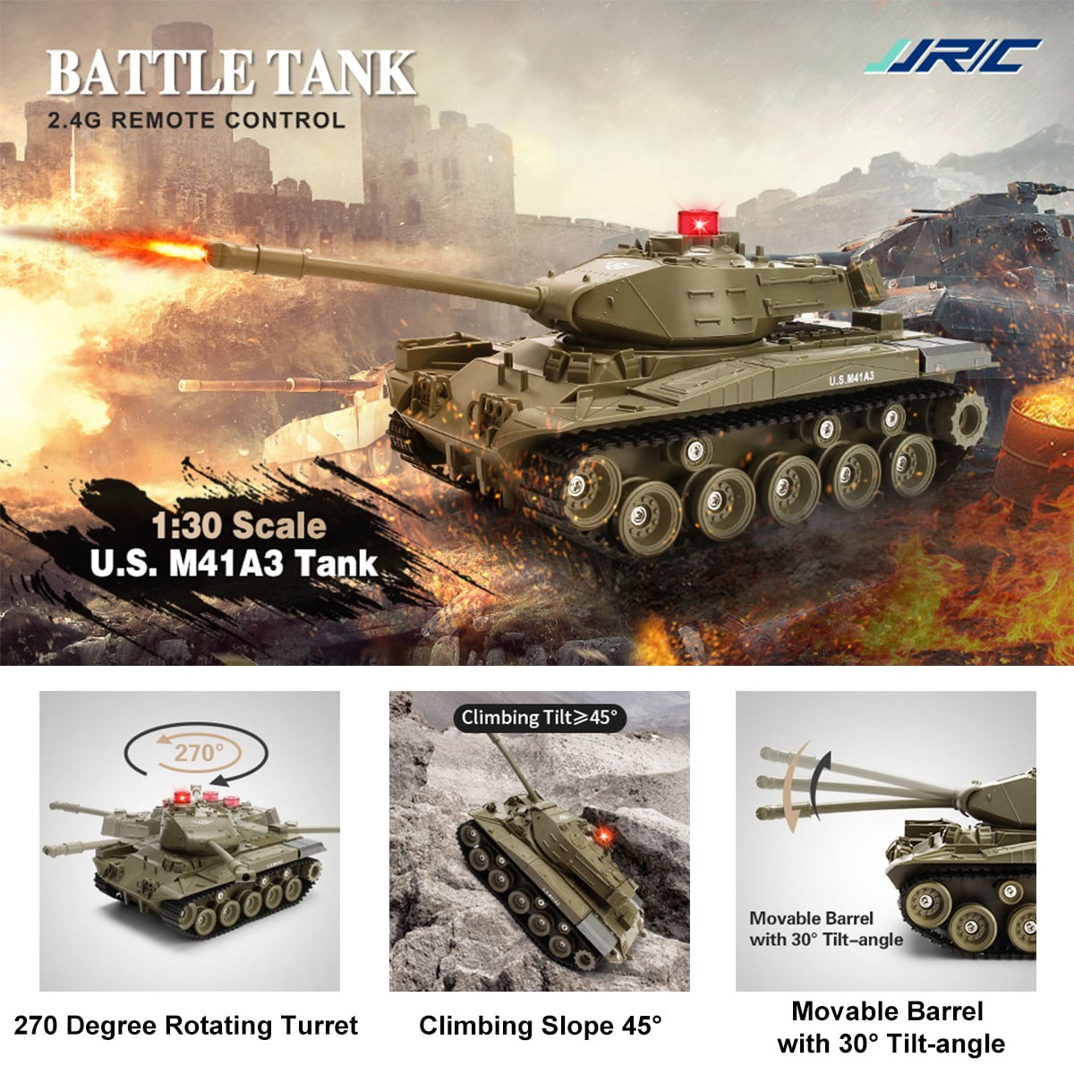 JJRC RC Tank 1/30 Remote Control Battle Tank Military Tank Shoots with Light & Sound Car Toy for Kids Boy Gifts