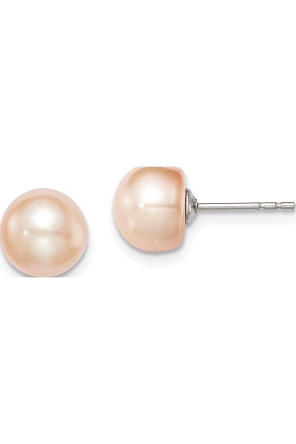 Sterling Silver Rh-Plated 7-8mm Pink Fw Cultured Button Pearl Stud Earrings Made In Canada qe12685