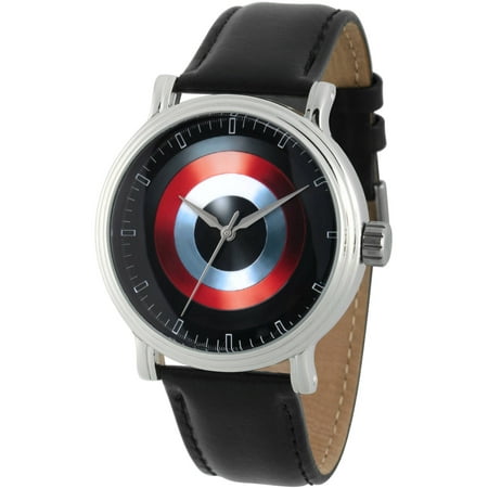 Marvel's Avengers: 75th Anniversary Shields Men's Silver Vintage Alloy Watch, Black Leather Strap
