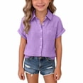 thumbnail image 2 of OIOLOYJM Linen Shirts for Girls Summer Casual Short Sleeve Button Down Pocket Blouses Lightweight Breathable Comfy Shirts Purple 3-4 Year, 2 of 5