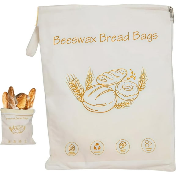 Wide Zipper Access Cotton & Beeswax Bread Bags for Sourdough, Reusable Beeswax Food Storage Bags with Zipper, Extra Large and Portable Cotton Food Storage Bag for Home Bakers to Keep Fresh