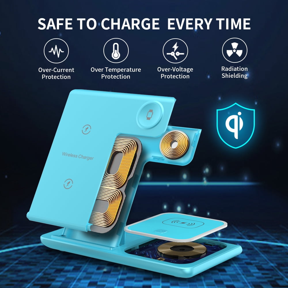 Wireless Charger,iPhone Charging Station for iPhone 16/15/14/13/12/11/Pro Max/Plus, 3 in 1 Wireless Charging Stand for iWatch SE 10/9/8/7/6/5/4/3, Airpods Pro/3/2 Blue