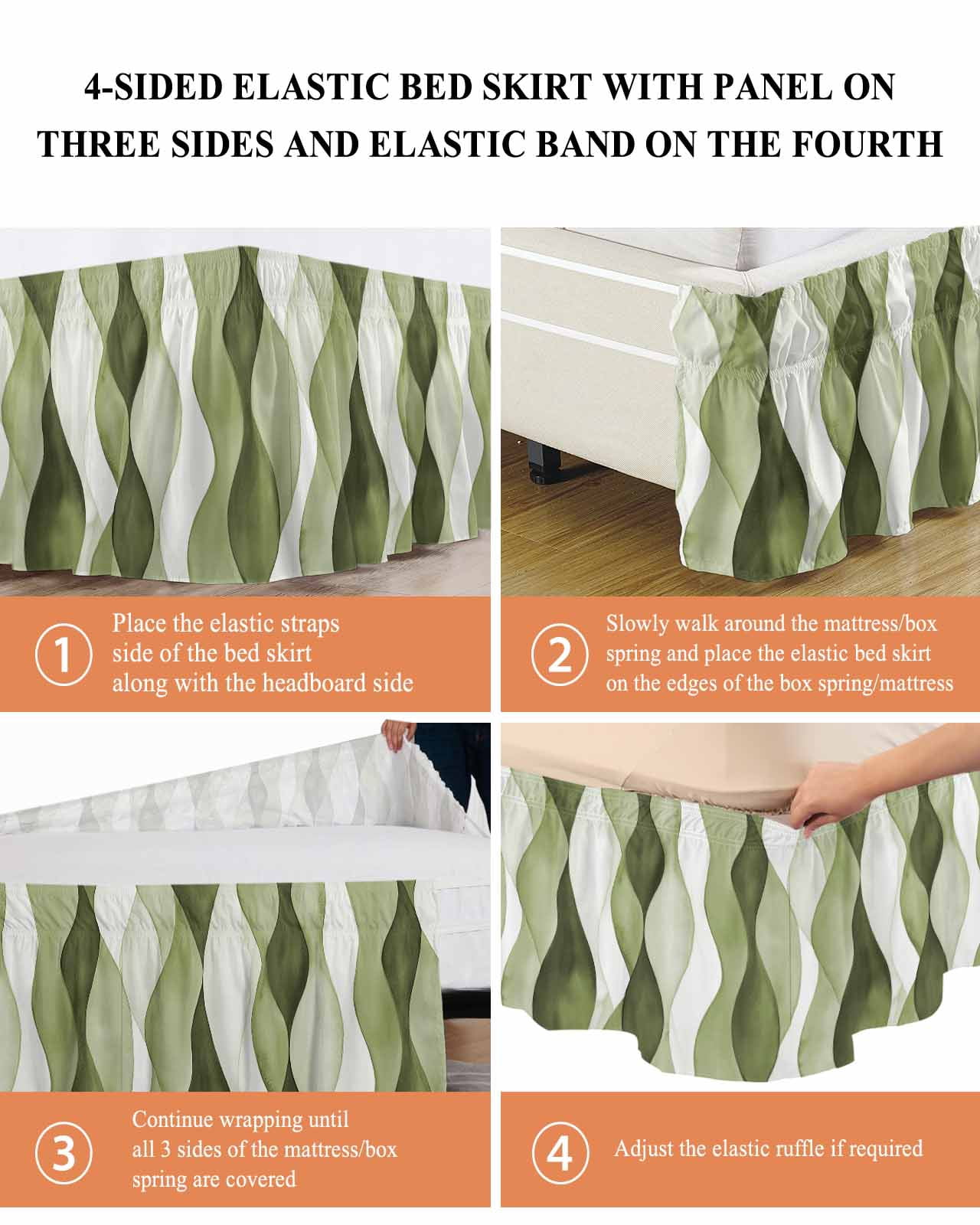 Sage Green Stripes Wrap Around Bed Skirts for King Bed 18" Drop,Bed Skirt with Adjustable Elastic Belt Dust Ruffle Bed Valance for Bedroom Hotel Luxury Retro Farmhouse Abstract Ripple Bed Frame Cover