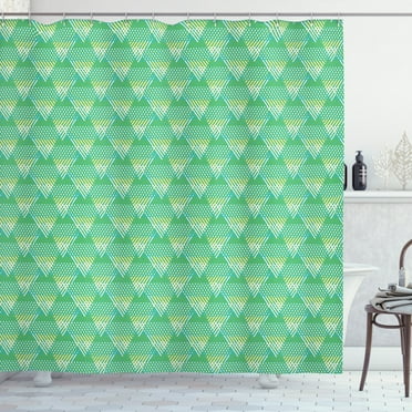Abstract Shower Curtain, Striped Triangles 70's Style Inspired Hipster Sportswear Geometric Motifs, Fabric Bathroom Set with Hooks, 69W X 75L Inches Long, Sea Green and White, by Ambesonne