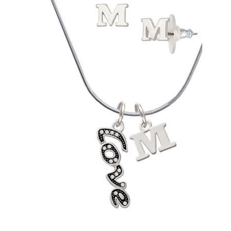 Script Love with Clear Crystals – M Initial Charm Necklace and Stud Earrings Jewelry Set