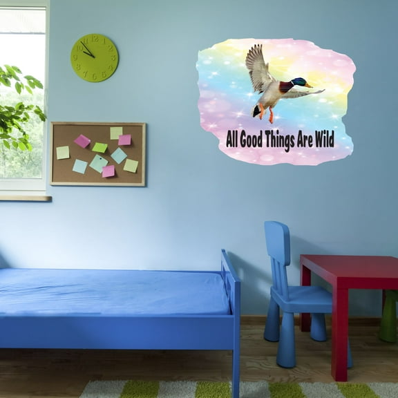 Watercolor Decal All Good Things Are Wild Bedroom Wall Decal for Children Inspirational Quotes Wild Duck Design Cute Themed Room Decal - Size: 10 In x 8 In