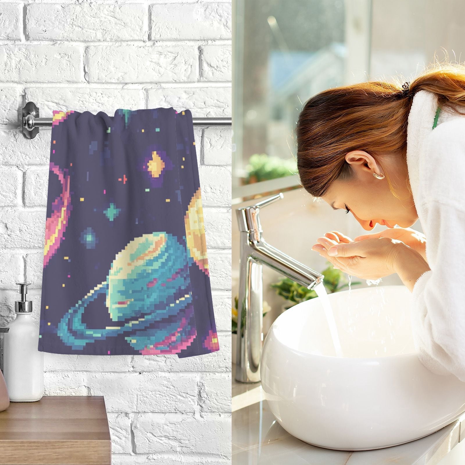 Cosmic Pixel_style Hand Towels Cotton Bath Towels Large Face Towels Absorbent for Bathroom 2 Packs