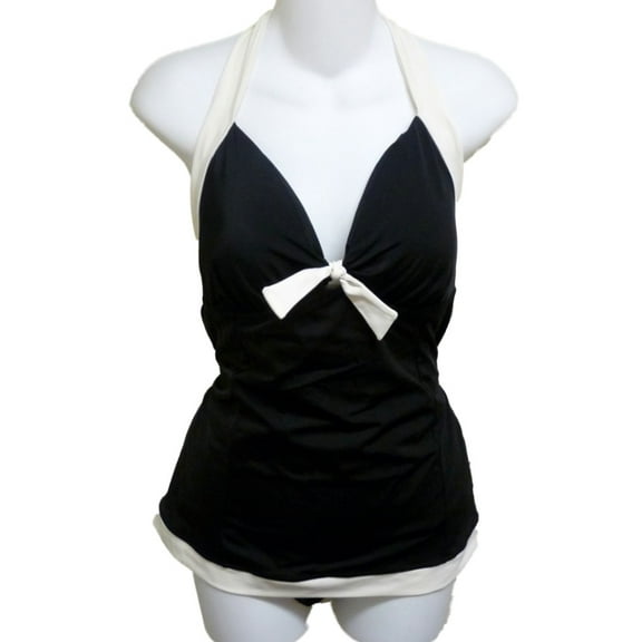 Tropical Escape Womens Black Ivory Halter 1 Piece Swimsuit Tankini Swim Dress 18