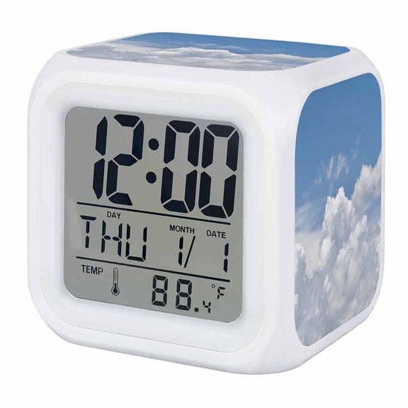 Clouds Digital Alarm Clock for Bedrooms, Smart LED Alarm Clock with 7 Color Changing Night Light, Blue White Sky Natural Landscape Silent Wake Up Clocks for Sleep Study Cooking 3.2"x3.2"