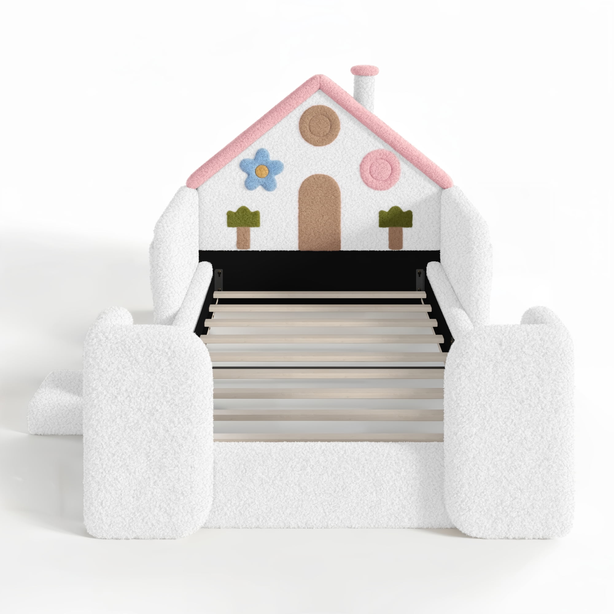 HOQBN Twin House Shaped Upholstered Floor Bed, Upholstered Kids Bed with Safety Side Rails, Low Floor Playhouse Bed for Nursery & Kids Bedroom White & Pink