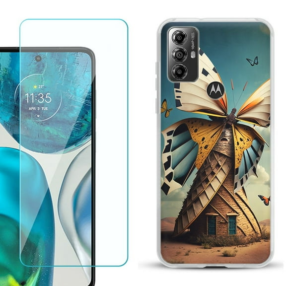 OneToughShield ® for Motorola Moto G Play 2023 Shockproof Fashion Phone Case, with Tempered Glass Screen Protector - Butterfly Windmills