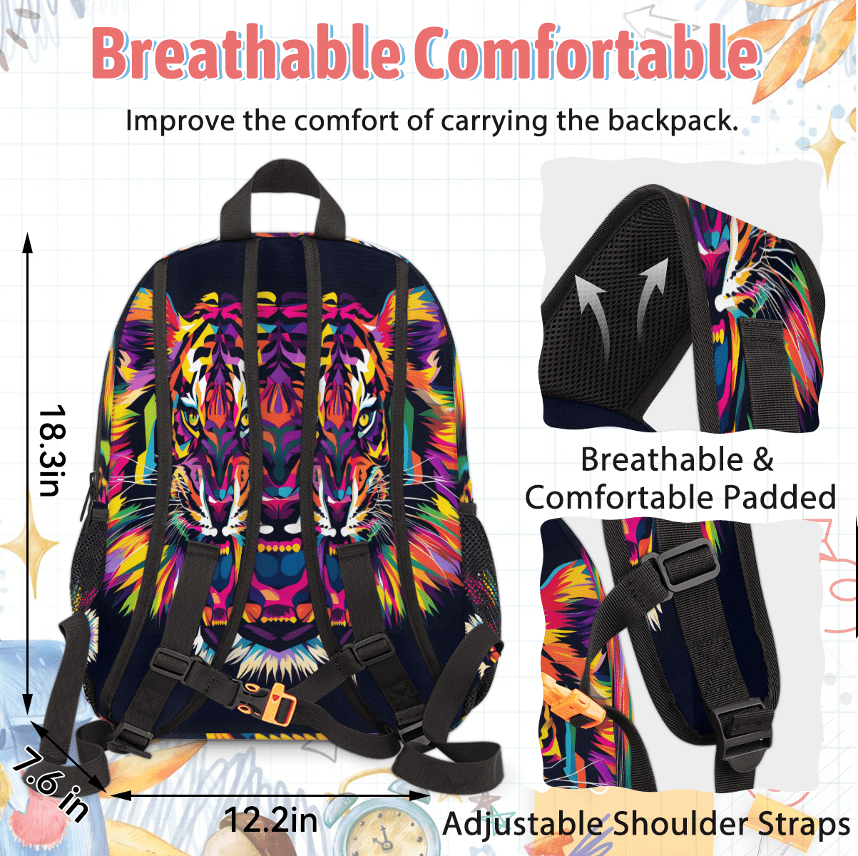 Herdesigns Tiger Large Backpack Set with Lunch Box Lightweight Water Resistant Travel Laptop Backpacks Casual Daypacks for Women Men