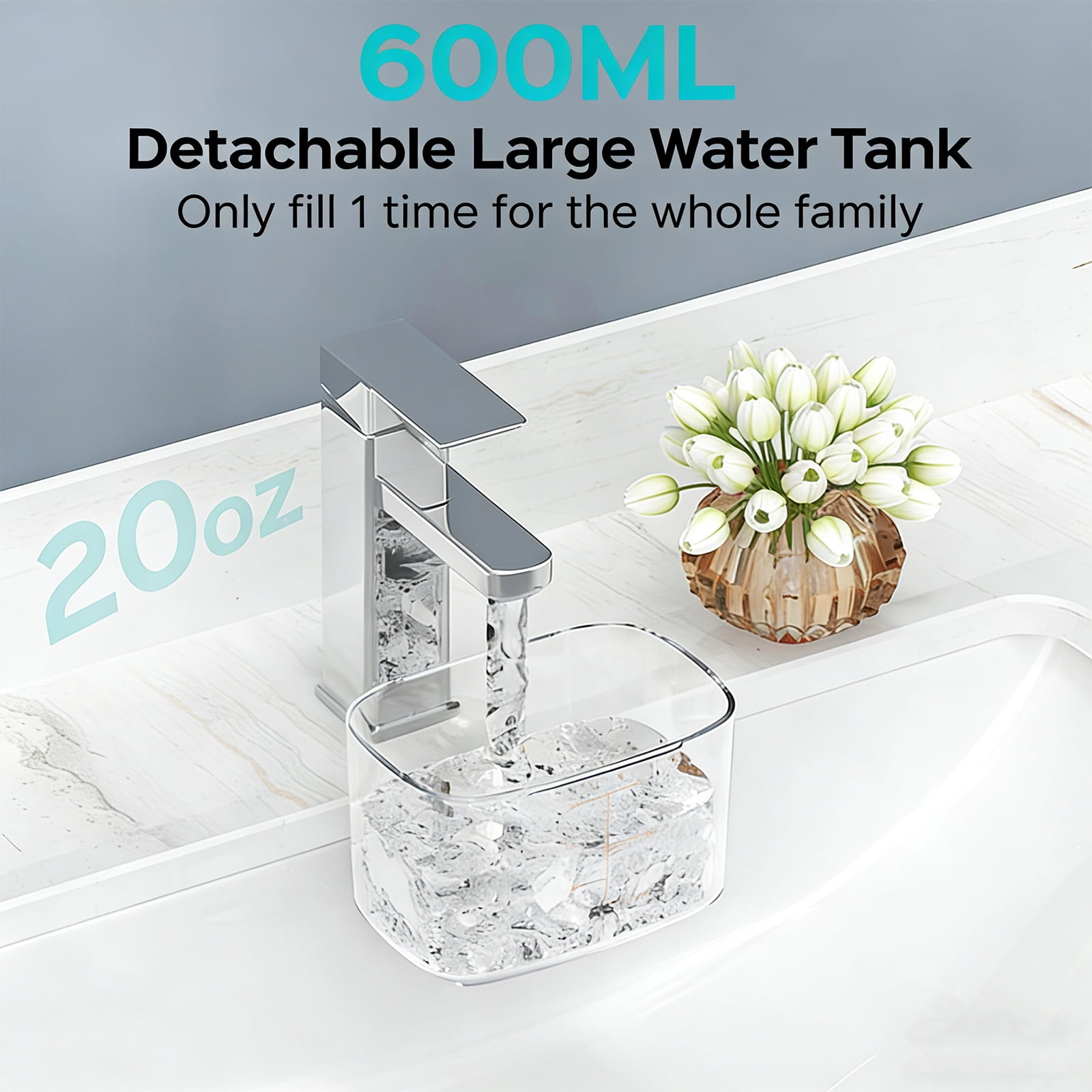 2 Modes Countertop Water Flosser with 40 Pressure Settings, 600ml Detachable Tank, 5 Nozzles for Braces and Sensitive Gums, White