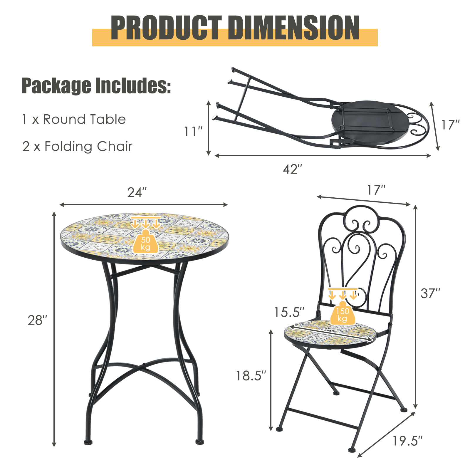 Patiojoy 3PCS Patio Mosaic Design Folding Chairs Side Table Set Bistro Set Classic Furniture Chair Set for Garden - image 3 of 8