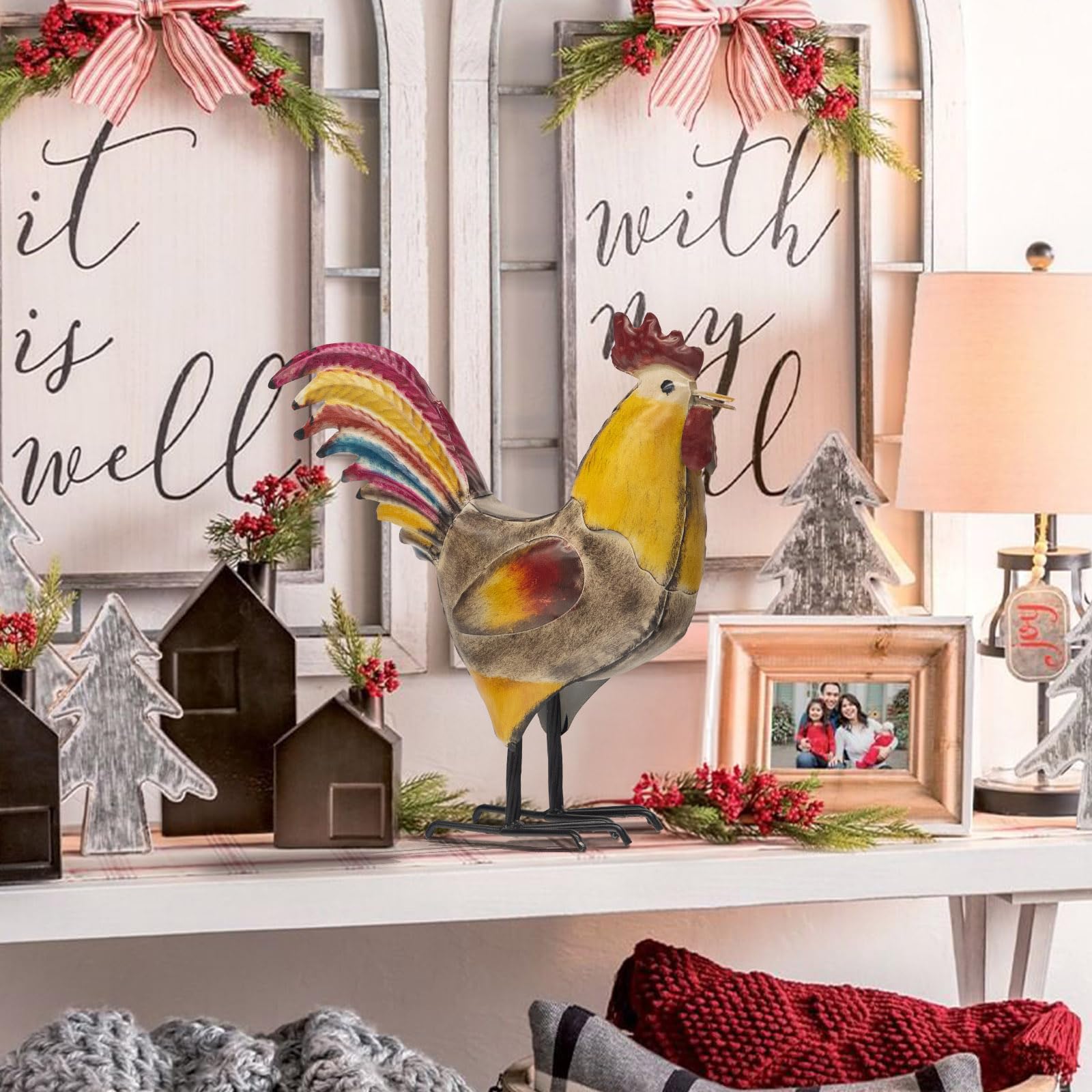 MODE HOME Metal Rooster and Hen Statues Set of 2, Indoor Outdoor Chicken Yard Art Decorations, Farmhouse Kitchen Table Garden Patio Lawn Decor, Gray Yellow Sculptures 12.2x11.5 Inch