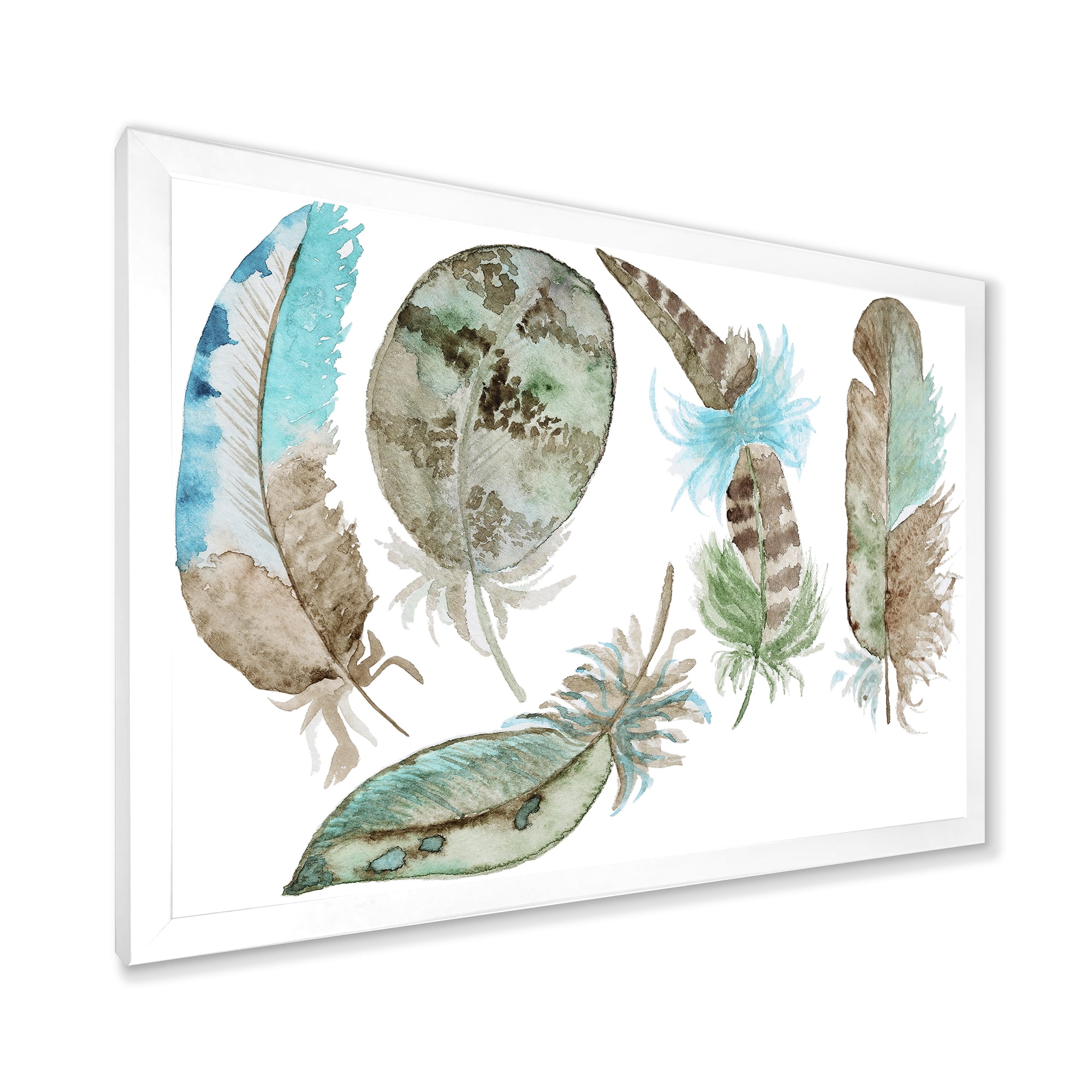 Designart 'Green Feathers Set On White' Bohemian & Eclectic Framed Art Print