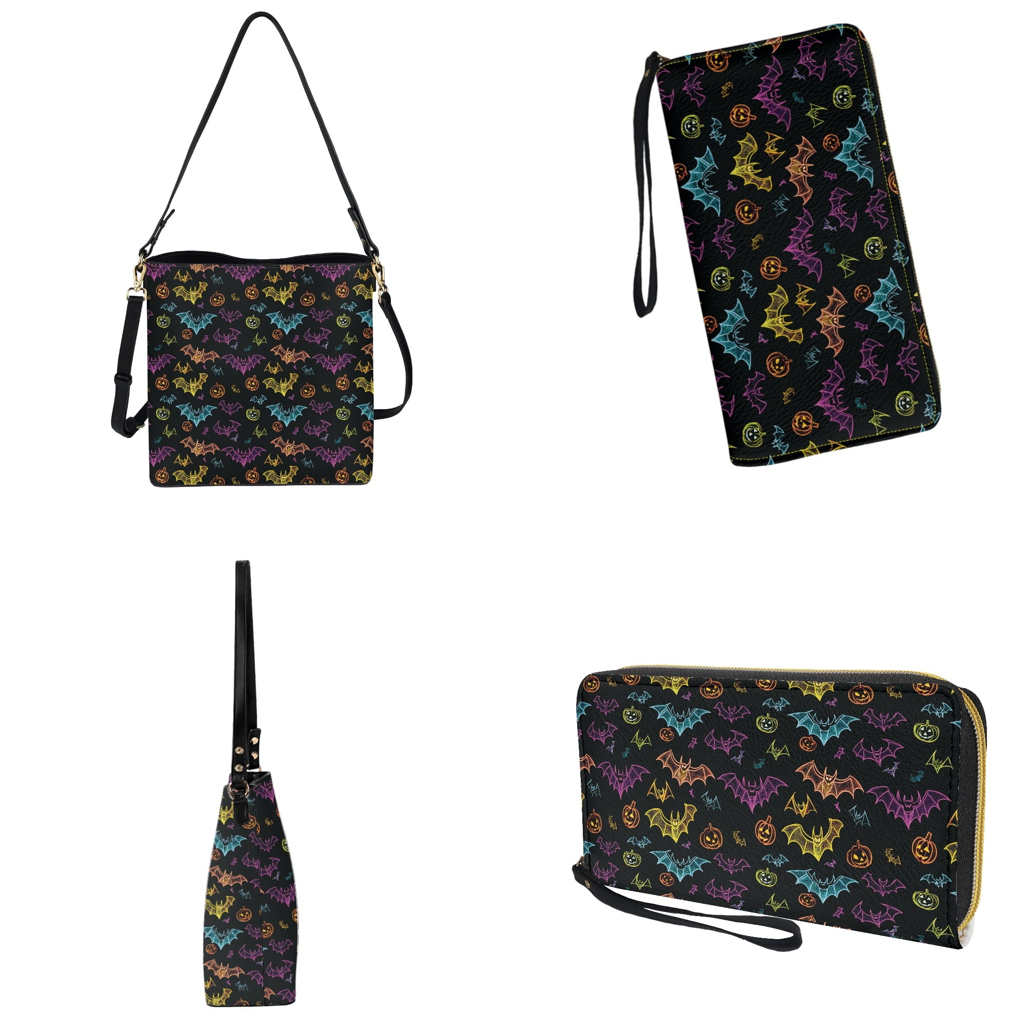 ZUXONGSY Halloween Bat Pumpkin Print Shoulder Bag with Leather Wallet for Women Lightweight Leather Crossbody Handbag with Wrist Wallet Large Bucket Crossbody Bag Set for Working