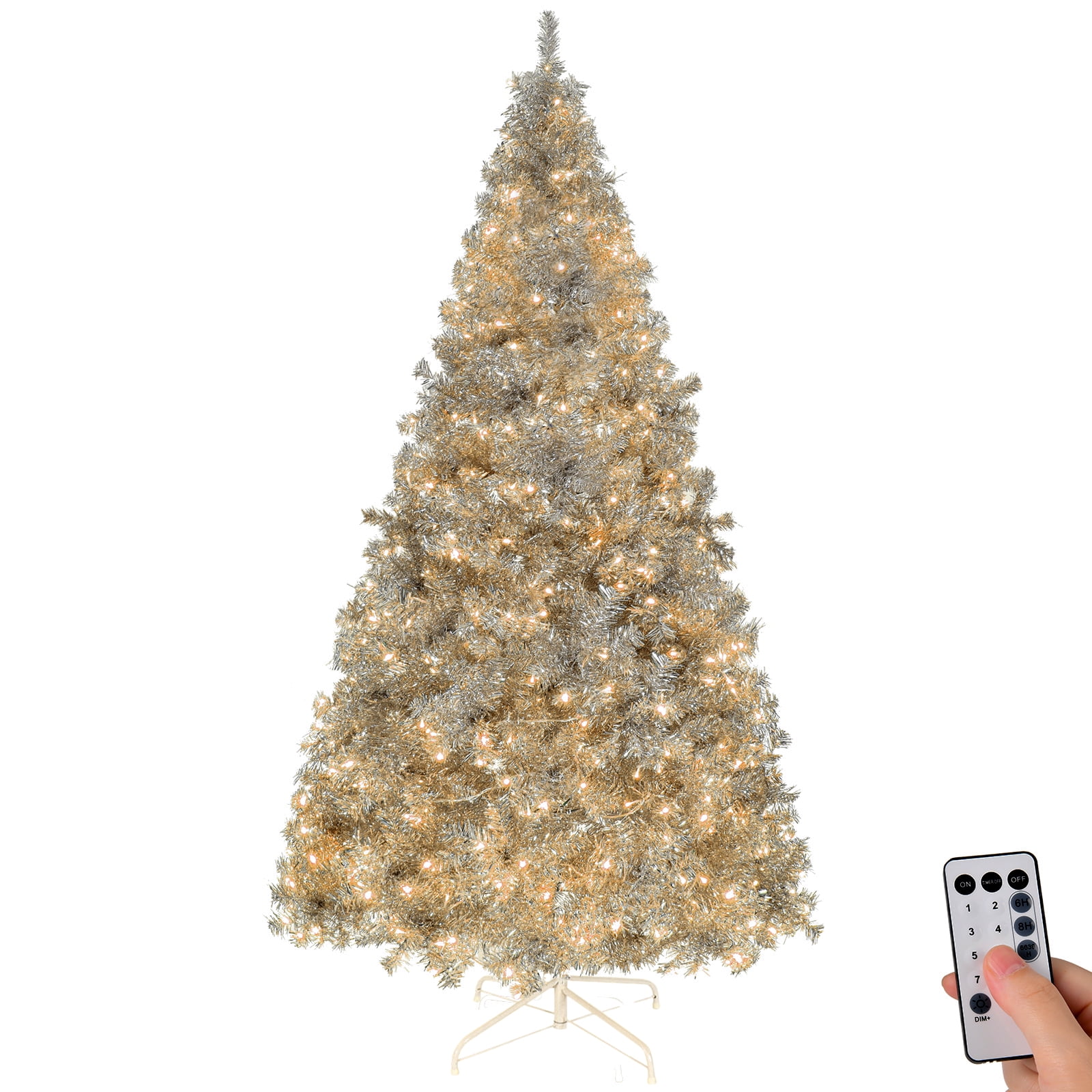 Astoutdoor 6 ft Pre-Lit Artificial Christmas Tree, Silver, 900 Branch Tips, 300 Warm White LED Lights, 8 Modes, Remote Control, Hinged, Metal Stand
