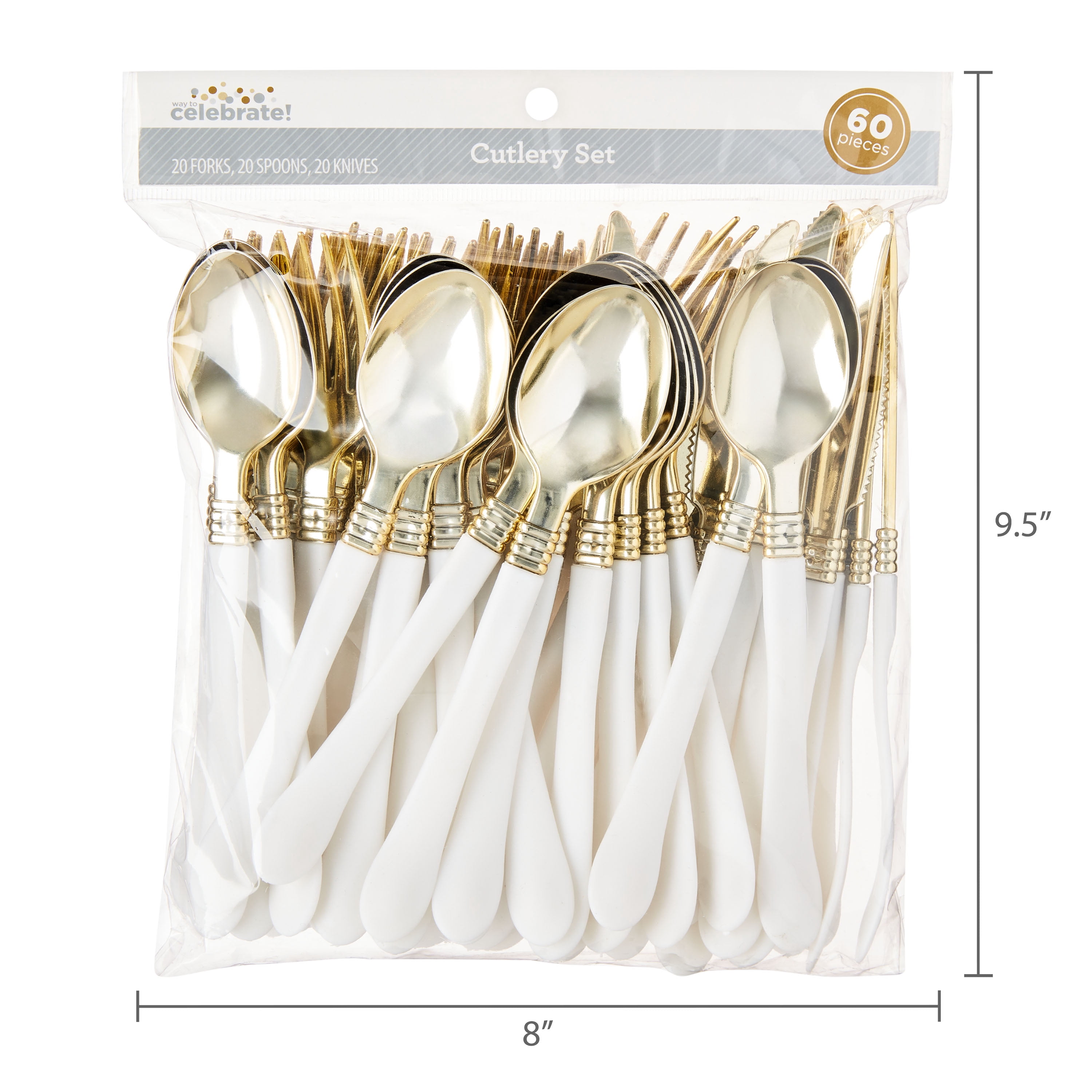 Plastic Disposable Cutlery Set, Gold/White, 60 Pieces, by Way To Celebrate