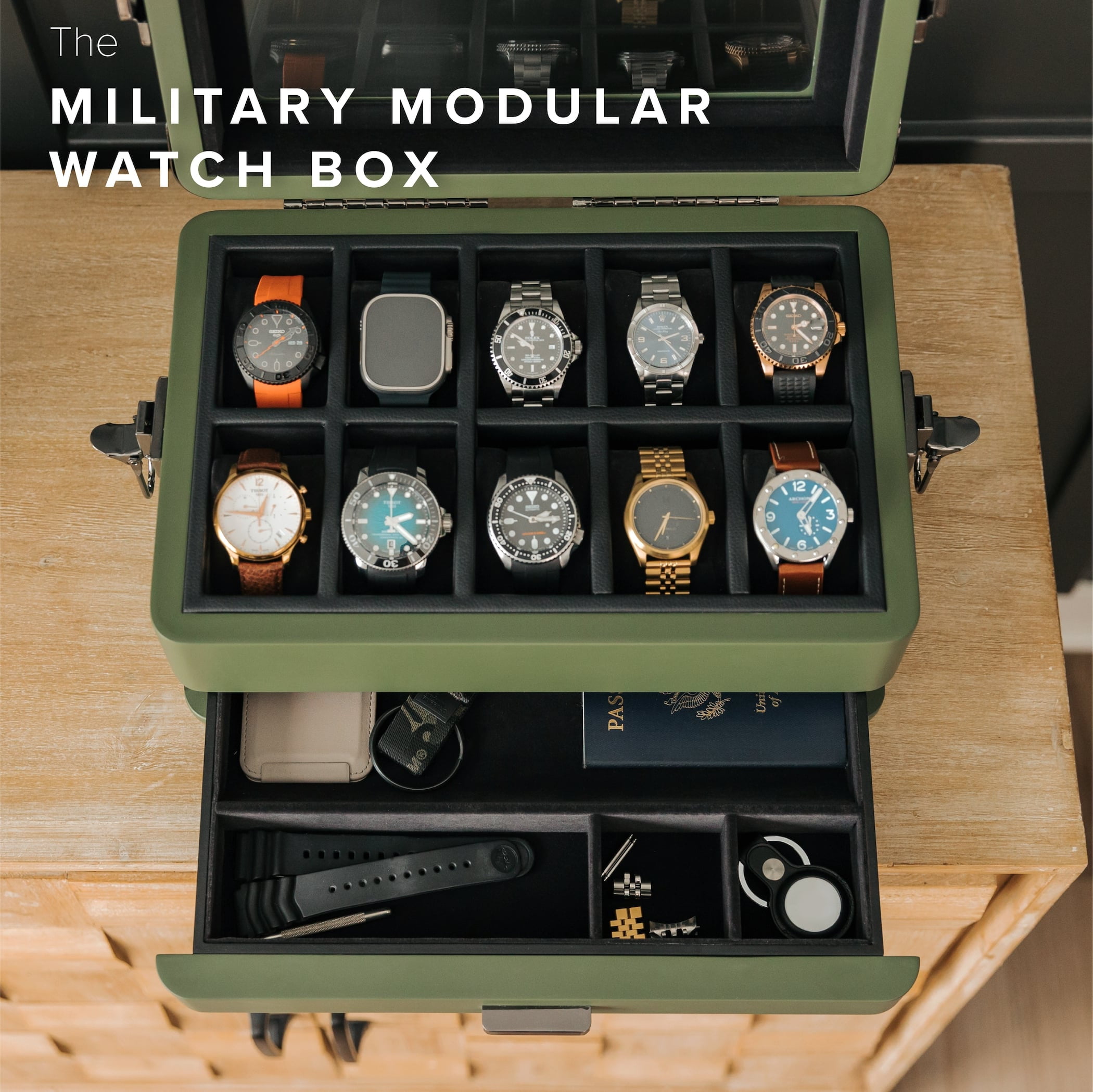 Case Elegance Military 10 Slot Watch Box Real Glass Top Valet Tray Compatible with Apple Watch Walmart