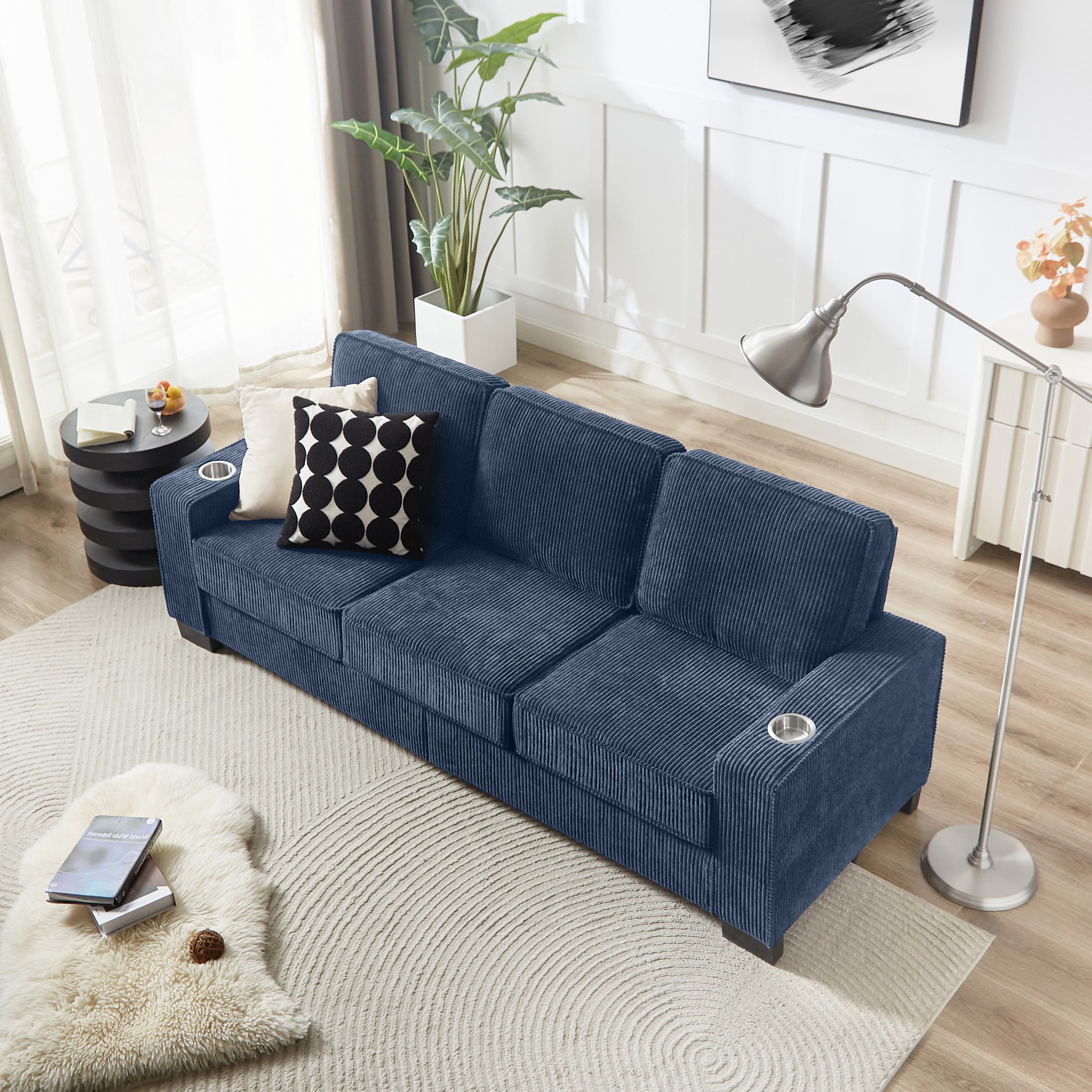 Aukfa 84" Corduroy Sofa with Cup Holders, Modern 3-Seater Fabric Couch for Living Room, Blue