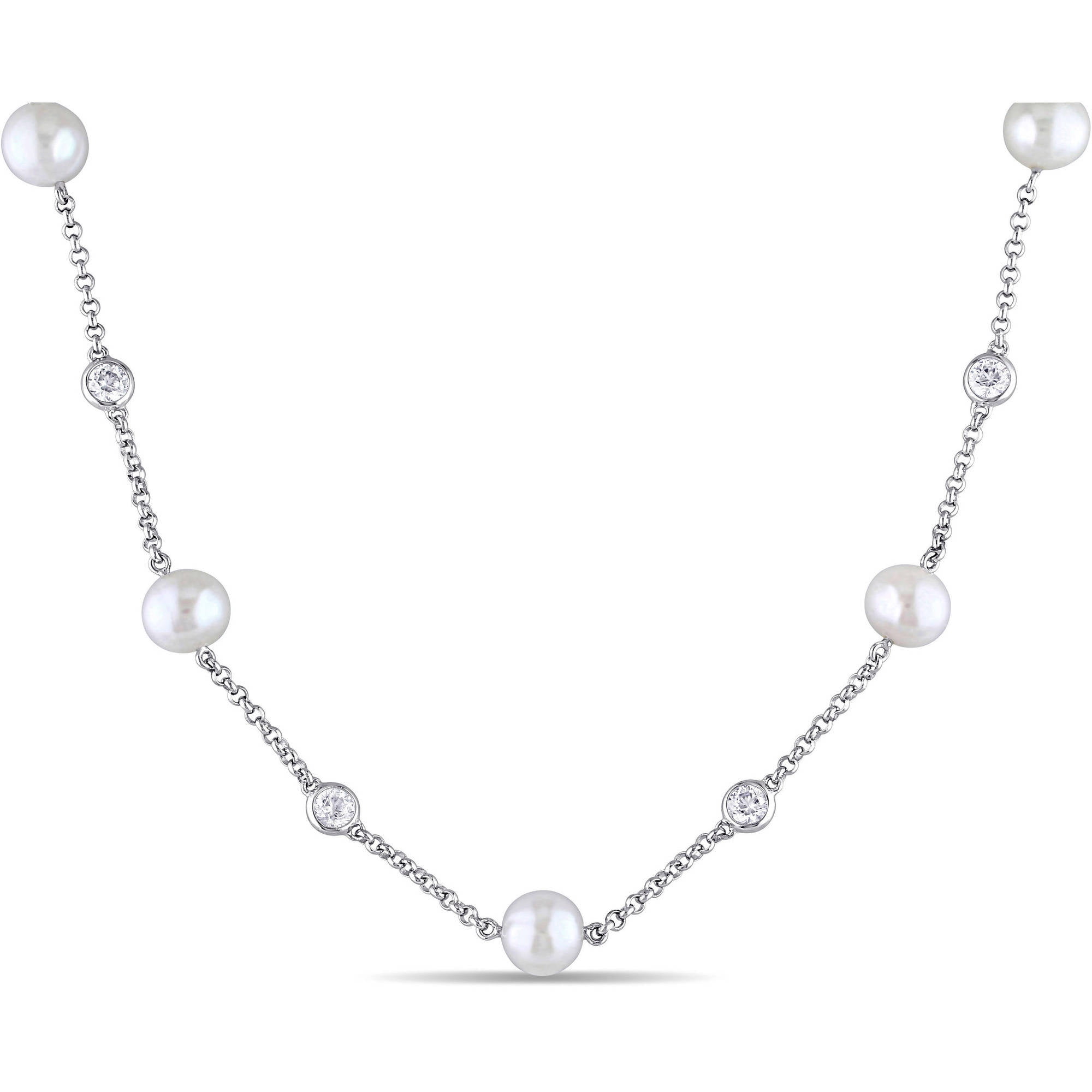 Miabella 8-8.5mm White Cultured Freshwater Pearl and 2-3 5 Carat T.G.W. Created White Sapphire Sterling Silver Station... by Miabella
