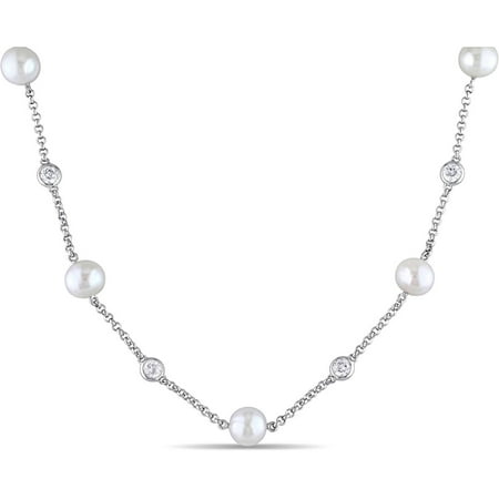 Miabella 8-8.5mm White Cultured Freshwater Pearl and 2-3/5 Carat T.G.W. Created White Sapphire Sterling Silver Station Necklace, 17