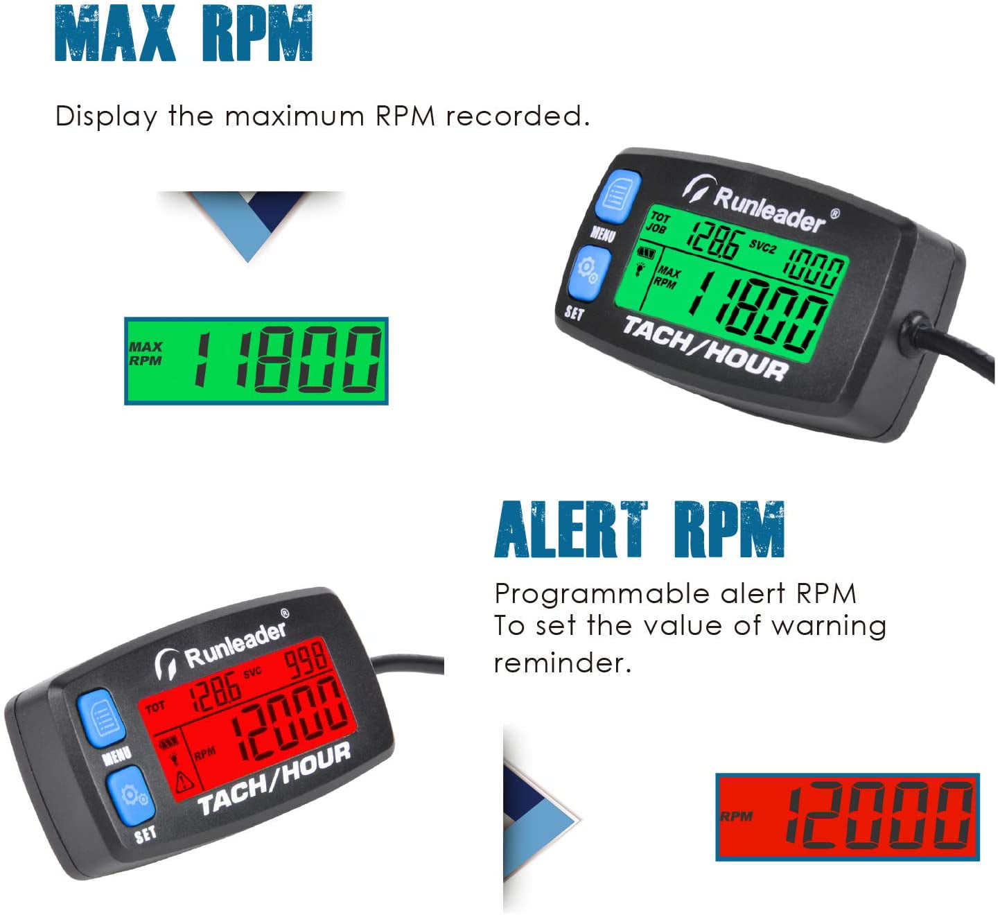 Runleader Hour Meter Tachometer,Maintenance Reminder,Initial Hours Setting,Batte 