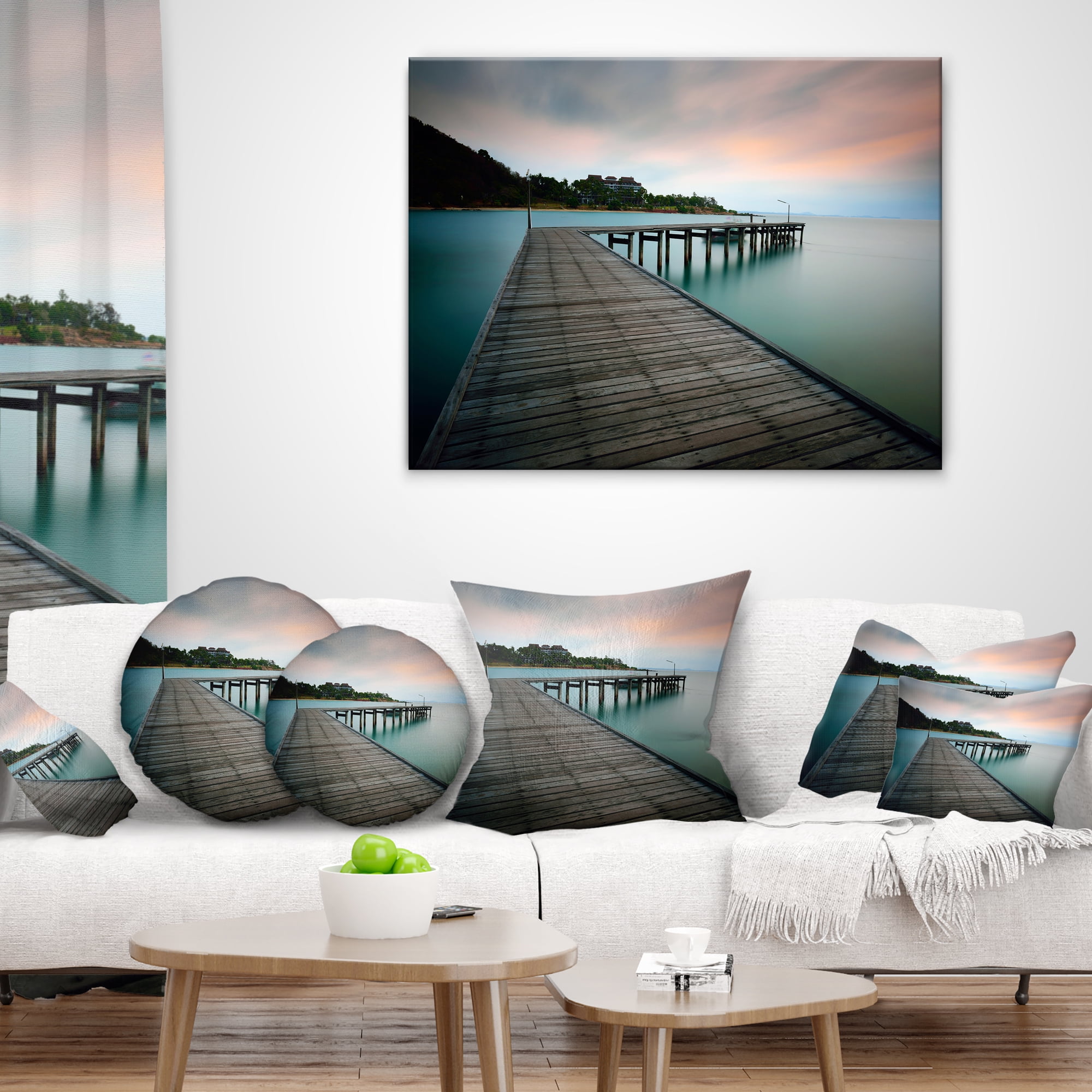 Designart Wooden Bridge into Blue Sea - Modern Throw Pillow - 18x18