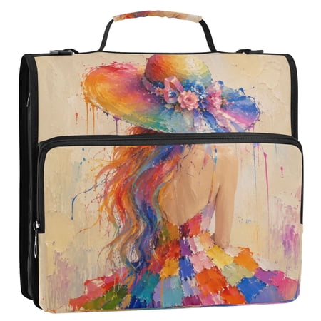 3 Ring Zipper Binder Stationery Organizer for Study Work Home Travel All-Purpose File Folder Storage Bag for Daily Document Organization Floral Hat Lady Art