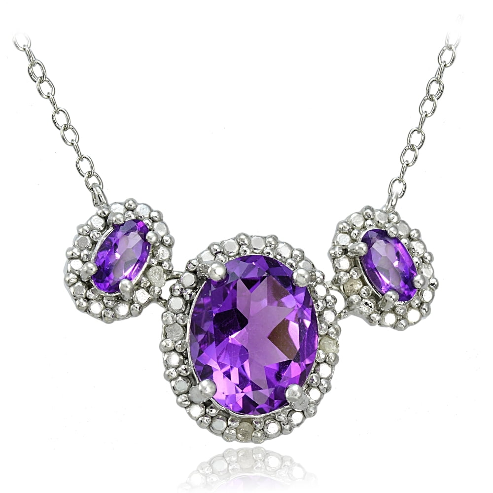 Sterling Silver 2ct TGW African Amethyst and Diamond Three Stone Necklace by