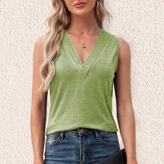 Meichang Womens V Neck Tank Tops Dressy Summer Sleeveless Shirts Casual Loose Tunic Tops Solid Color Basic Blouses Soft Work T Shirts, Green XL
