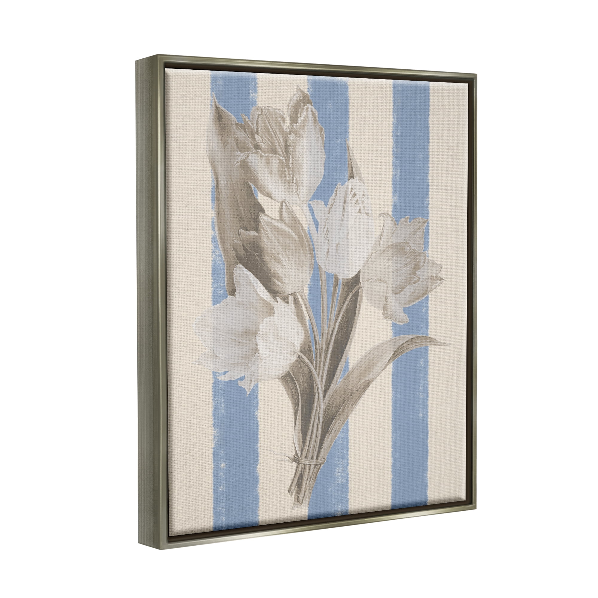 Stupell Industries Tulip Bundle on Stripes Botanical & Floral Painting Gray Floater Framed Canvas Art Print Wall Art, 25 x 31