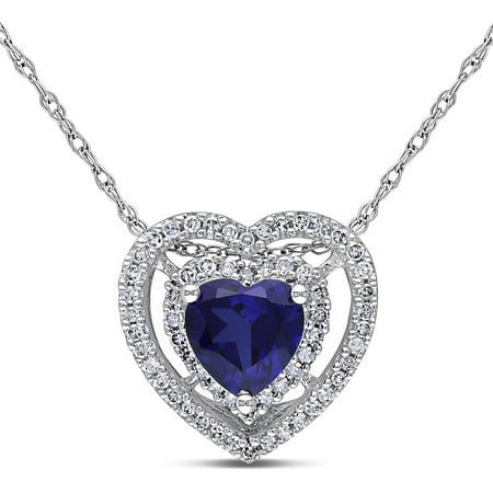7/8 Carat T.G.W. Created Blue Sapphire and 1/5 Carat T.W. Diamond 10kt White Gold Double Halo Heart Pendant, 17