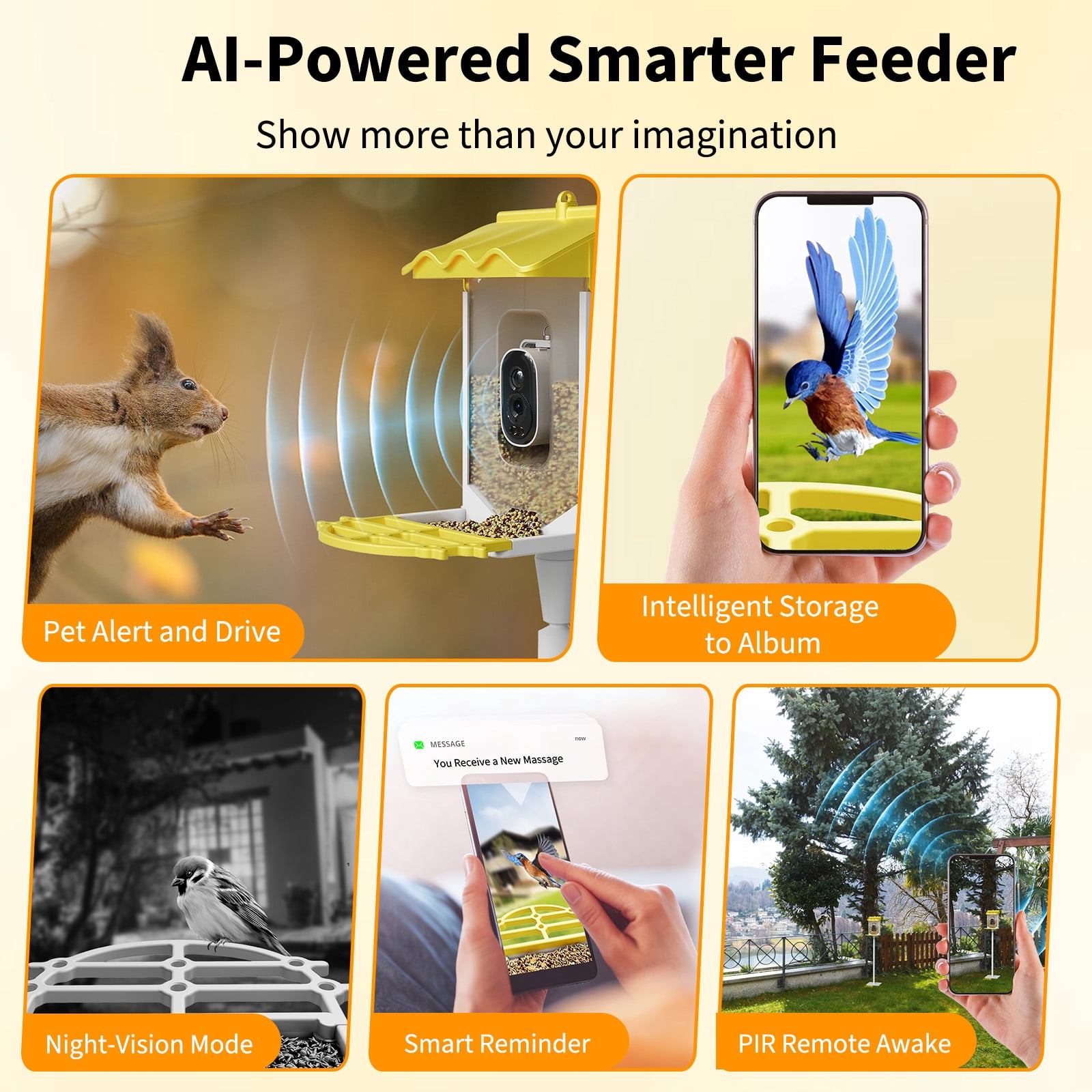 Solar-Powered Smart Bird Feeder with 4K Camera, AI Bird Recognition, Night Vision, App Alerts, Auto Recording, Squirrel Proof, Outdoor Wildlife Monitor, Yellow
