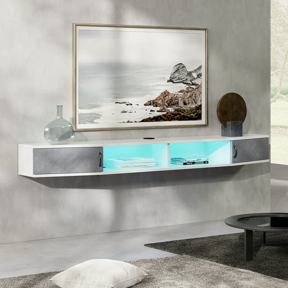 70 Inch Floating TV Stand with Storage Cabinet for TVs up to 80 inch,White&16 RGB