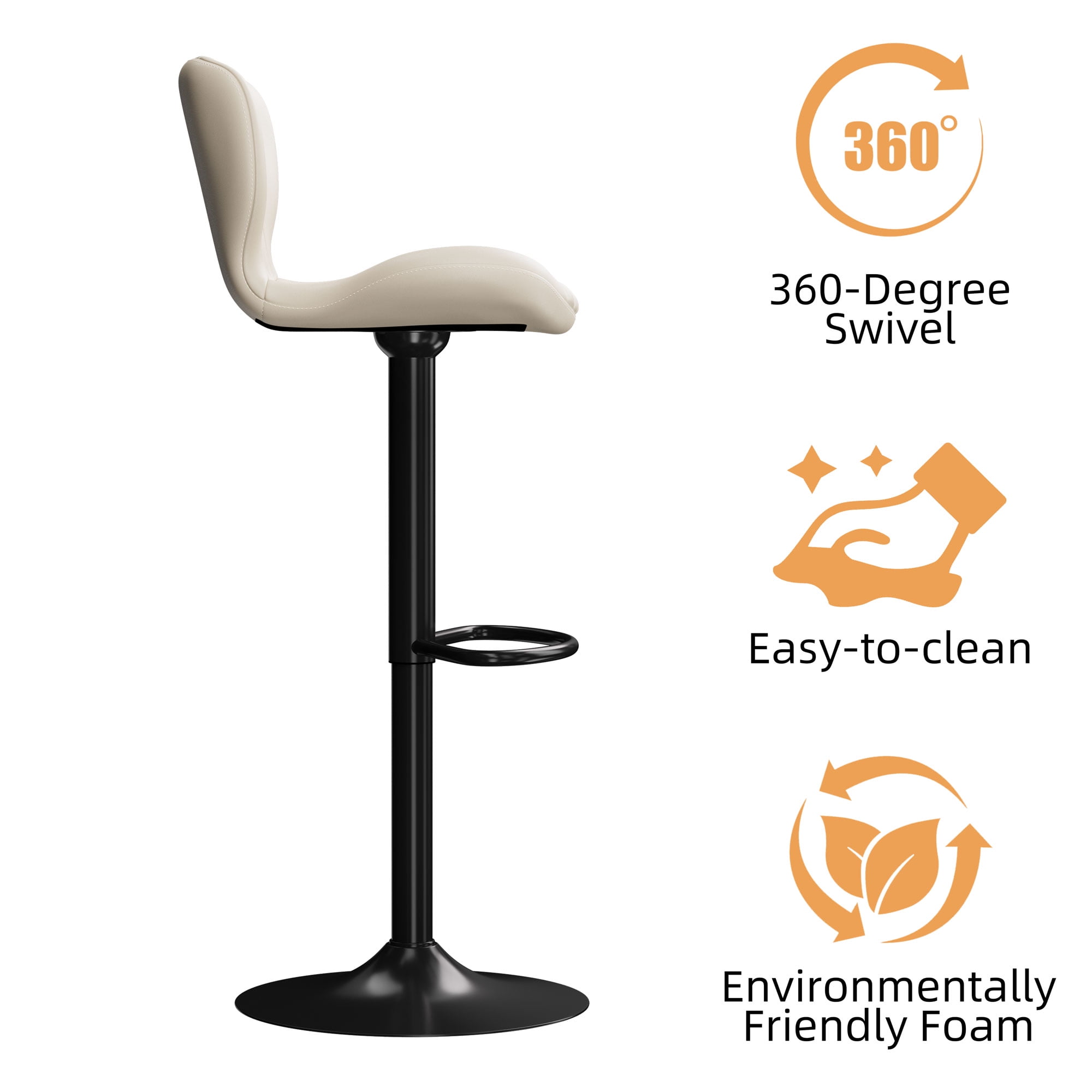 Walsunny Adjustable Bar Stools Set of 2 Leather Upholstered Swivel Counter Stools Counter Height Bar Stools with Large Base, Room Bar, Beige