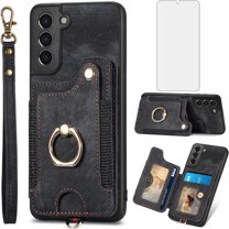 Phone Case for Samsung Galaxy S21 5G 6.2 inch Wallet Cover with Tempered Glass Screen Protector and Wrist Strap Lanyard RFID Credit Card Holder Ring Stand Cell Accessories S 21 21S G5 Women Men Black