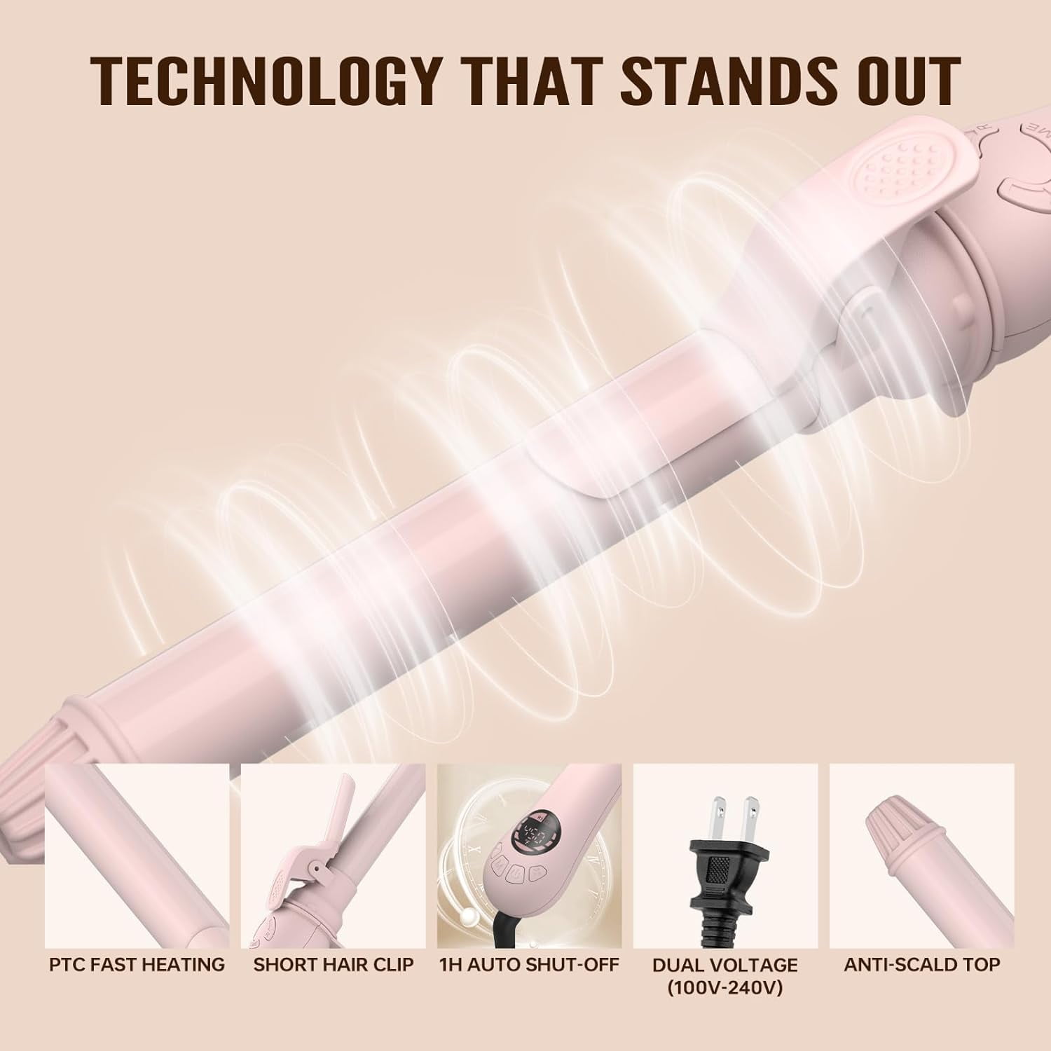 MESCOMB Auto Rotating Curling Wands, 1 inch, Pink, 250°- 450°F, for Waves, Beach Curls, Pink