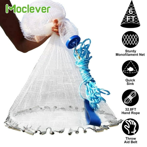 Moclever 12ft Diameter Fishing Cast Net, Heavy Duty Hand Cast Net with Chain Sinker Easy Throw