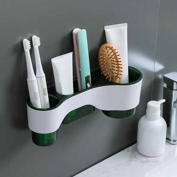 Portacepillos de dientes colgante de pared | Organizador de cepillos de dientes de ABS con ranuras para pasta de dientes y ganchos para toallas | Diseño ventilado y escurridor | Almacenamiento para