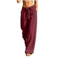 thumbnail image 2 of Linen Cotton Casual Pants For Women Chic Minimal Summer Drawstring Waist Elastic Waist With Pockets Solid All Day Ease Straight Leg Travel Outfit Wine XXL, 2 of 6