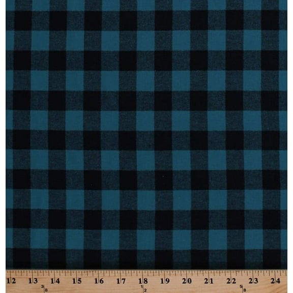 58" Flannel Aqua and Black Buffalo Plaid Checks Checked Squares Woven Cotton Flannel Fabric by the Yard (5095M-12A)