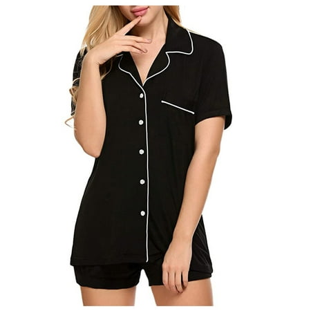 

Women s Summer Pajamas Casual Soft Short Sleeve Lapel Button Down Tops and Shorts Sets Sleepwear with Pockets