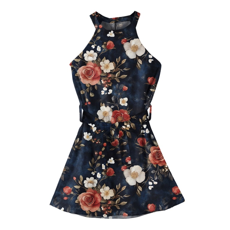 TQWQT Halter Dresses for Girls Cute Floral Print Party Dress Kids Tie Front Size 10-12 Girls Sundress Tween Girls Clothes Sleeveless Beige 140