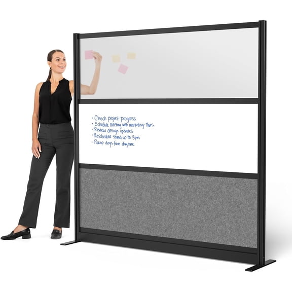 Stand Up Desk Store Workflow Modular Wall | 70'' x 70'' Wall | Expandable Partition Room Divider with Rearrangeable Frosted Acrylic, Sound Absorbent and Whiteboard Wide Panels (Black Frame)